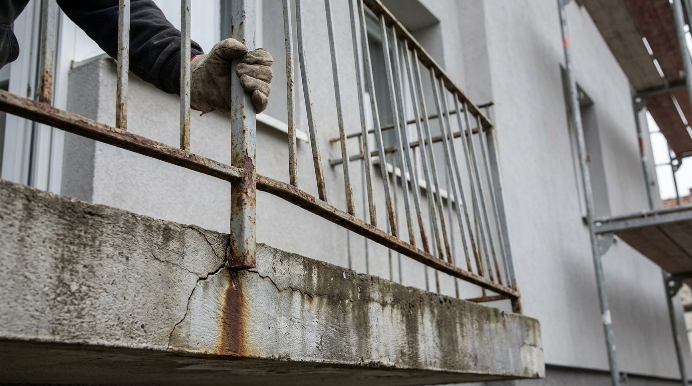 Person prüft ein wackelndes altes Balkongeländer, dessen Verankerung im rissigen Beton sichtbar locker ist