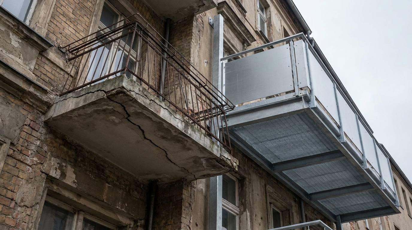 image-1788505258325 Alter rissiger Balkon mit wackeligem Geländer neben neu montierter Stahlbalkonanlage an Berliner Altbaufassade